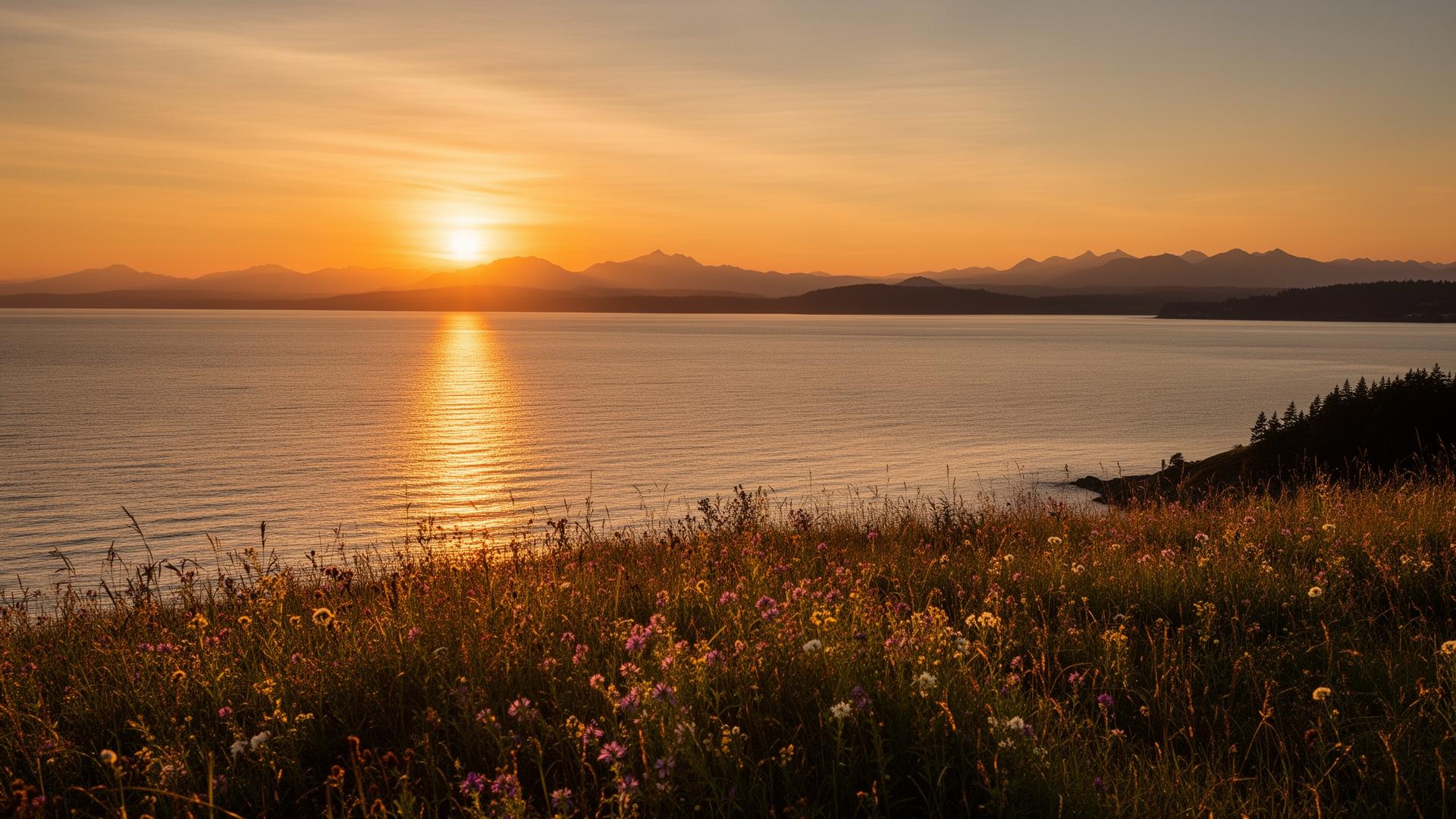 Sunset over the Strait of Juan de Fuca from the oceanfront bluff